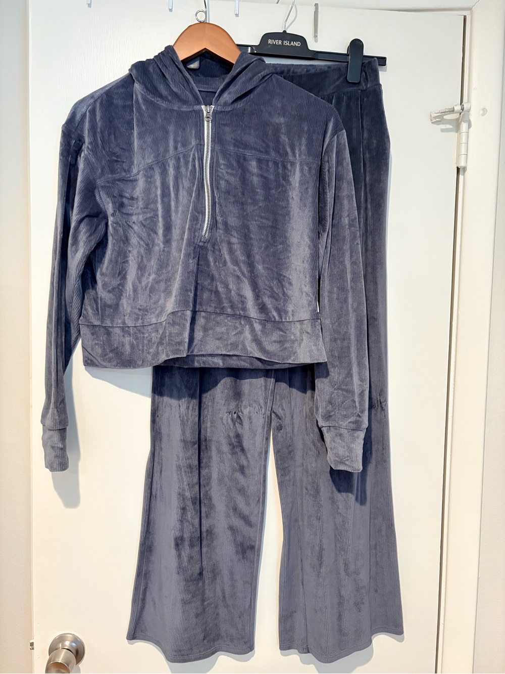 Vuori Haven Velvet Quarter-Zip Pullover& Wide Leg Pants Set in Blue